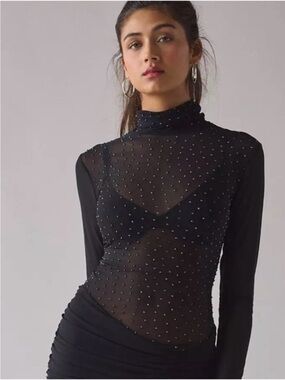 Anthropologie AFRM Black Sheer Mesh Too with Stud Embellishments Sequin Sparkly